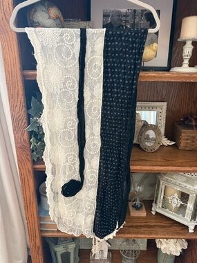 Women’s Cream and Black Floral Ethereal Cottage Scarf Fairy Embroidered Lacey